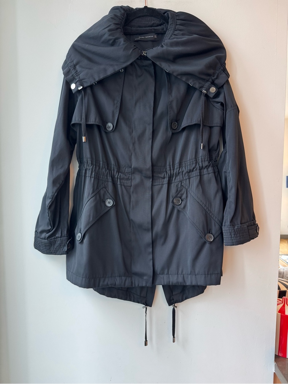 ZARA Woman Black Utility Parka Anorak Jacket Wide Collar Drawstring